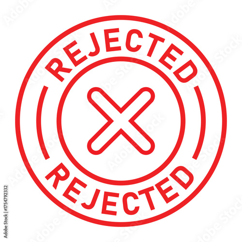 Red circular rejected stamp graphic with bold “REJECTED” text and central X symbol. Ideal for denial, disapproval, business forms, and digital rejection or validation designs.