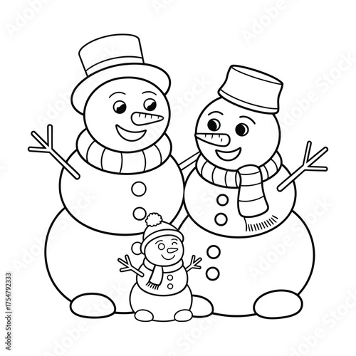 Scalable eps vector illustration of a happy snowman family with two adults and a child silhouette vector illustration white background