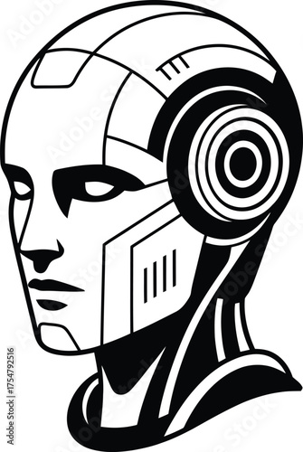 Futuristic humanoid robot head with mechanical details banner