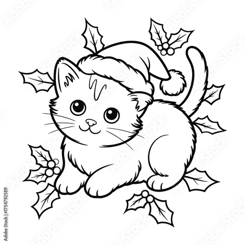 Adorable kitten wearing santa hat surrounded by holly leaves vector illustration for festive designs silhouette vector illustration white background