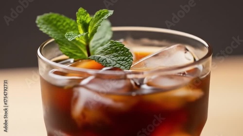 Closeup of a drink with ice cubes garnished with mint leaves in a clear glass
