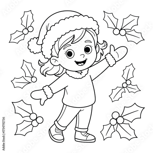 Scalable vector illustration of a cheerful child wearing a santa hat surrounded by holly for eps design silhouette vector illustration white background