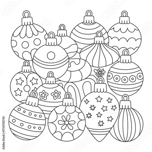Vector christmas ornaments line art illustration scalable eps decorative holiday icons for festive designs silhouette vector illustration white background