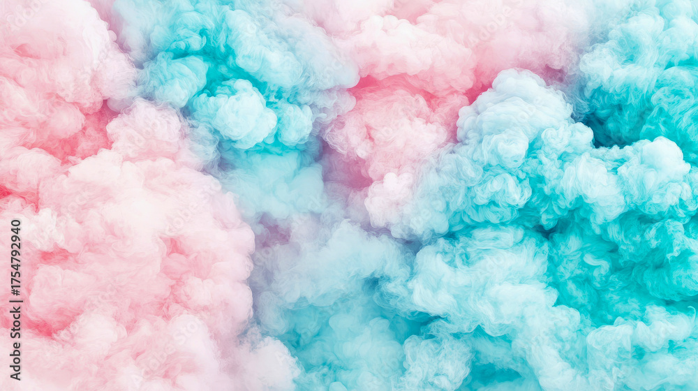 Fototapeta premium Vibrant and soft abstract background featuring intertwining pastel pink and light blue smoke clouds creating dynamic, dreamy texture