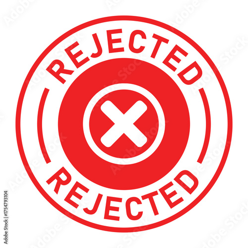 Red and white circular rejected stamp graphic with bold “REJECTED” text and central white X symbol. Ideal for denial, disapproval, business forms, and digital rejection designs.