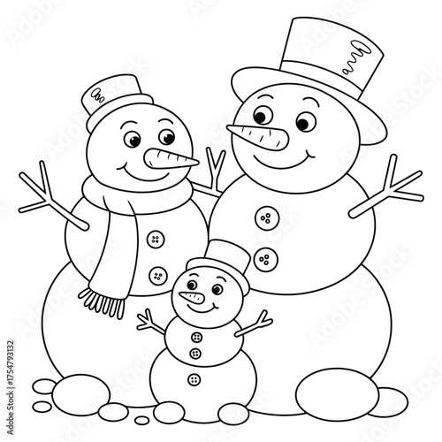 Charming black and white line art illustration of a snowman family perfect for winter designs and crafts silhouette vector illustration white background
