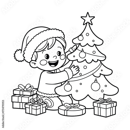 Adorable baby decorating a christmas tree with presents vector illustration for festive designs silhouette vector illustration white background