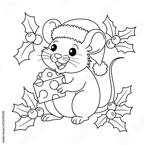 Charming vector christmas mouse illustration holding cheese with holly leaves scalable eps for festive designs silhouette vector illustration white background