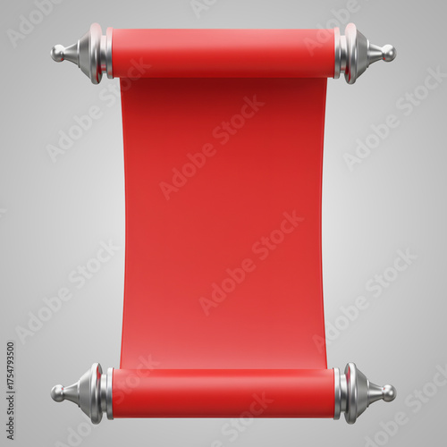 Blank Red Scroll with Silver Handles Isolated 3D Render