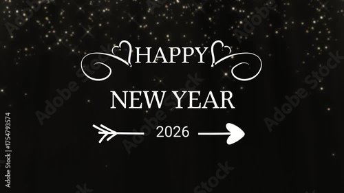 Happy new year 2026 text with Shining glitter sparkling on black background