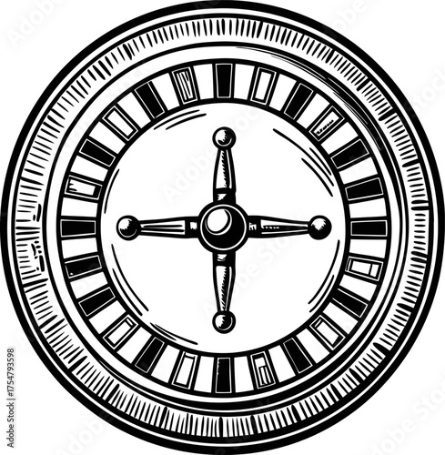 Roulette wheel illustration, top view game concept circular gambling icon, casino element, monochrome graphic design