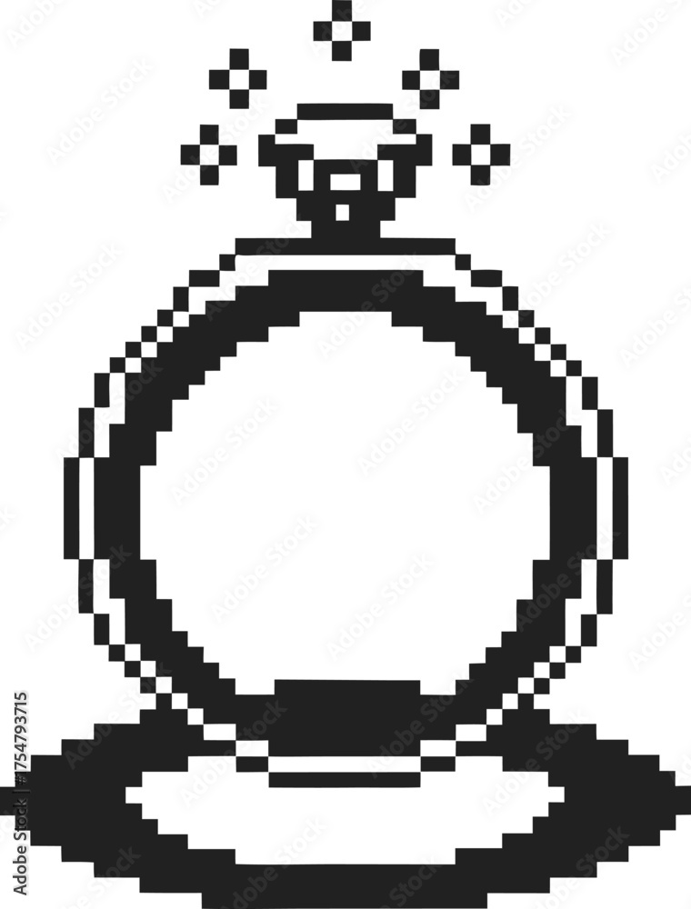 Fototapeta premium Pixel art engagement ring with sparkling diamond, minimal black and white jewelry icon, retro digital illustration