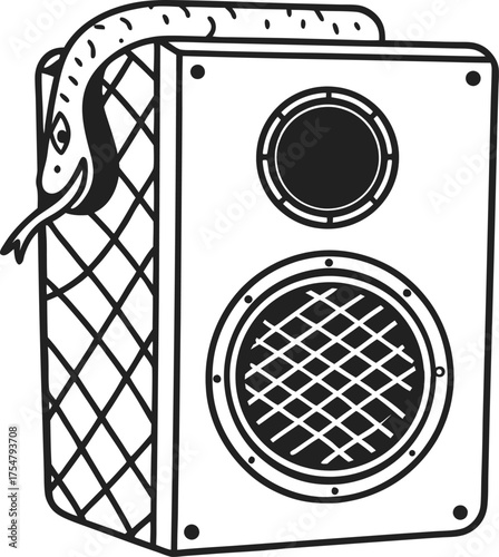 Snake slithering on speaker black and white illustration of snake wrapped around loudspeaker, music and animal concept