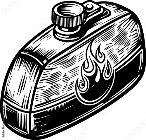 Metal hip flask with screw cap and engraved flame symbol vintage hand drawn illustration for adventure or travel gear concept