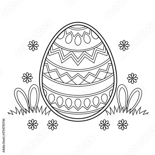 Scalable vector outline illustration of an easter egg with decorative patterns and bunny ears silhouette vector illustration white background