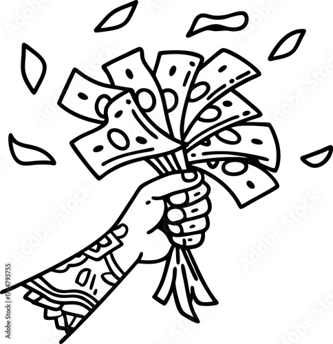 Hand holding bundle of cash bills, money flying, financial success, wealth, prosperity, tattoo, celebration, abundance