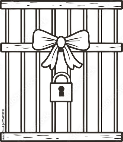 Gift wrapped barred gate with bow and padlock secured present, locked surprise package, mystery gift box, secret enclosure