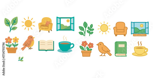Home and garden flat icons set – nature, cozy, and relaxation symbols