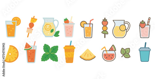 Juice and beverage flat icons set – fruity, refreshing drink and summer symbols