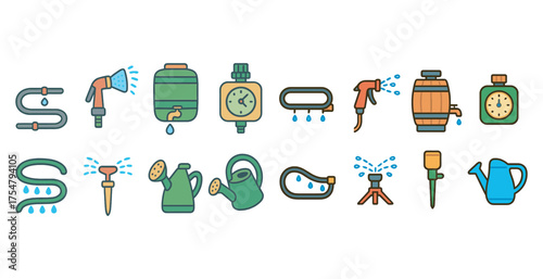 Gardening tools outline icons set – flat, filled, horticulture and landscaping symbols