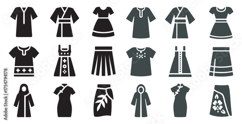 Traditional clothing silhouette icons set – filled, cultural and attire symbols