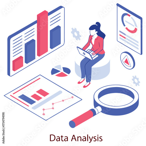 Isometric Business Analyst Working on Laptop Vector Graphic 