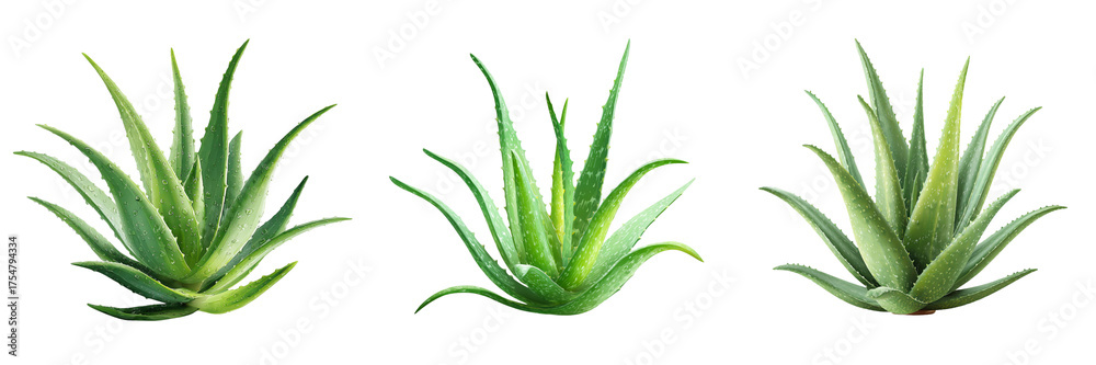 Fototapeta premium s - Set of an aloe vera plant with fresh thick leaves, detailed surface texture, natural green tones, realistic minimal design isolated on a transparent background