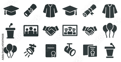 Graduation and ceremony solid icons set – filled, academic and celebration symbols
