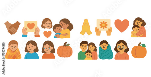 Family and friendship flat icons set – outline, filled, emotional symbols