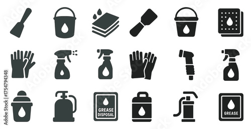 Cleaning tools solid icons set – silhouette, filled, housekeeping and sanitation symbols