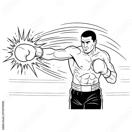 Boxer throwing a powerful straight punch with a dynamic impact effect. Black and white vector illustration of a fighter for a boxing gym logo or t-shirt.

