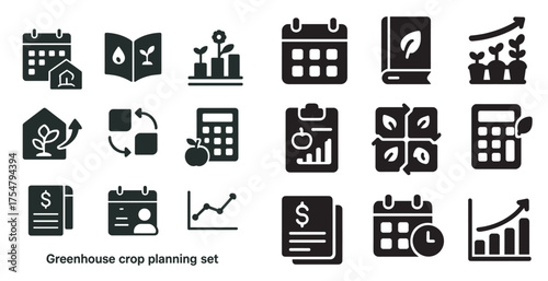 Greenhouse crop planning icons set – silhouette, solid, agriculture and gardening tools