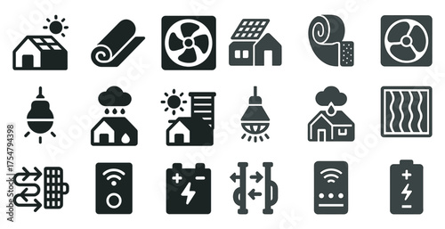 Home energy solid icons set – appliances, efficiency, sustainable living symbols