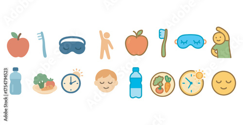Healthy lifestyle flat icons set – wellness, nutrition, fitness symbols