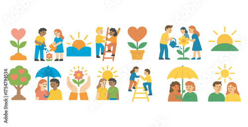 Community and relationship icons set – flat, colorful, social and friendship symbols
