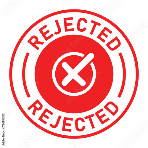 Red and white circular rejected stamp graphic with bold “REJECTED” text and central white X symbol. Ideal for denial, disapproval, business forms, and digital rejection designs.