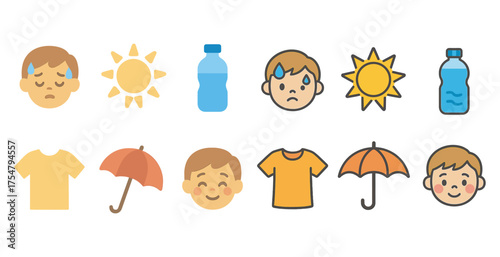 Weather and summer flat icons set – sunshine, hydration, seasonal symbols