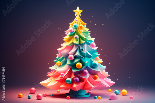 Ilustration of a multicolored Christmas tree with a light flare illuminating the dark background. Festive and creative image ideal for Christmas designs and concepts