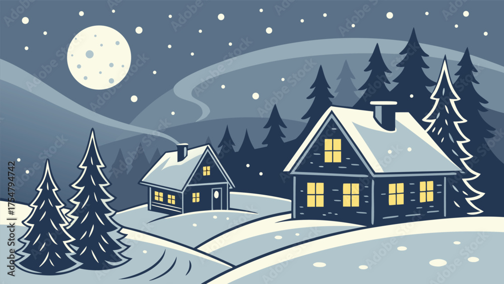 Naklejka premium A cozy winter village illustration with small houses covered in snow, glowing yellow windows, pine trees, and a full moon in the night sky. Snow is falling gently, creating a peaceful holiday.