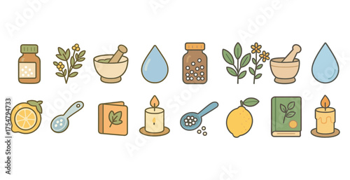 Herbal wellness outline icons set – holistic, natural, health and self-care symbols
