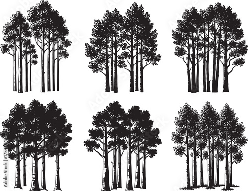 Silhouette forest tree group illustration, black pine woodland vector set, conifer nature landscape clipart, isolated evergreen tree bundle design