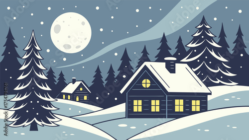 Illustration of a peaceful snowy night with two warmly lit cabins, snow-covered pine trees, a glowing full moon, and falling snowflakes evoking cozy winter charm and quiet solitude.