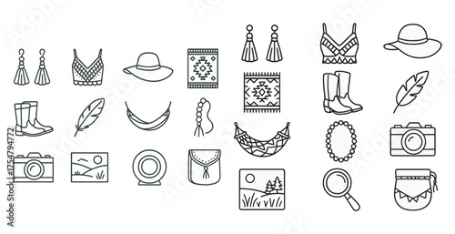 Bohemian fashion outline icons set – hippie, trendy, style symbols collection