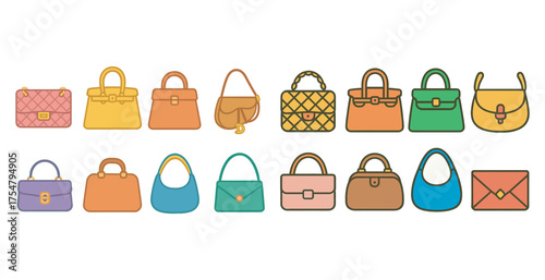 Fashion bags icons set – outline style, handbags, purse collection symbols