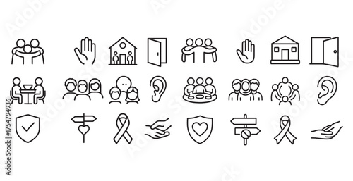 Community support line icons set – outline, linear, teamwork and collaboration symbols
