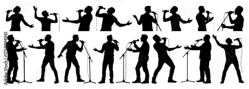 Man Holding Microphone Singing Pose, Black Silhouette Vector Collection on Transparent Background