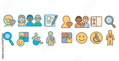 Diversity and inclusion icons set – flat, filled, community and accessibility symbols