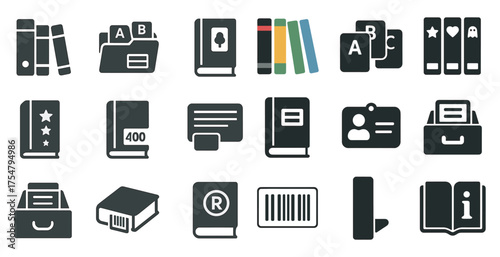 Education and reading solid icons set – library, books, academic symbols