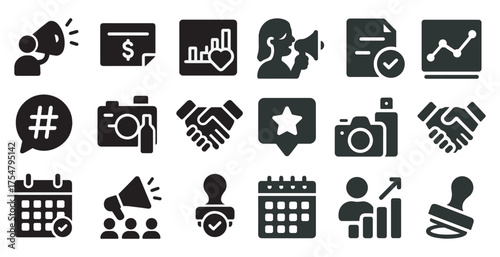 Communication and marketing solid icons set – filled, outreach, promotional symbols