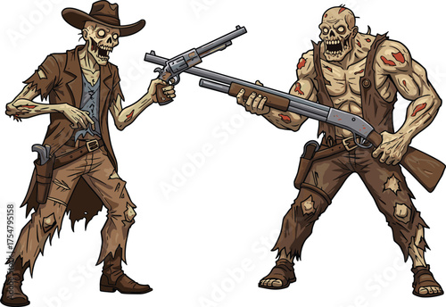 Zombie cowboy fighting undead monster with shotgun, horror western fantasy illustration, creepy Halloween cartoon design, scary undead duel concept art